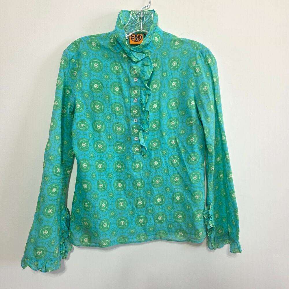 Tory Burch Womens Green LS Geometric Pattern Ruffled Collared Popover Top Sz 2